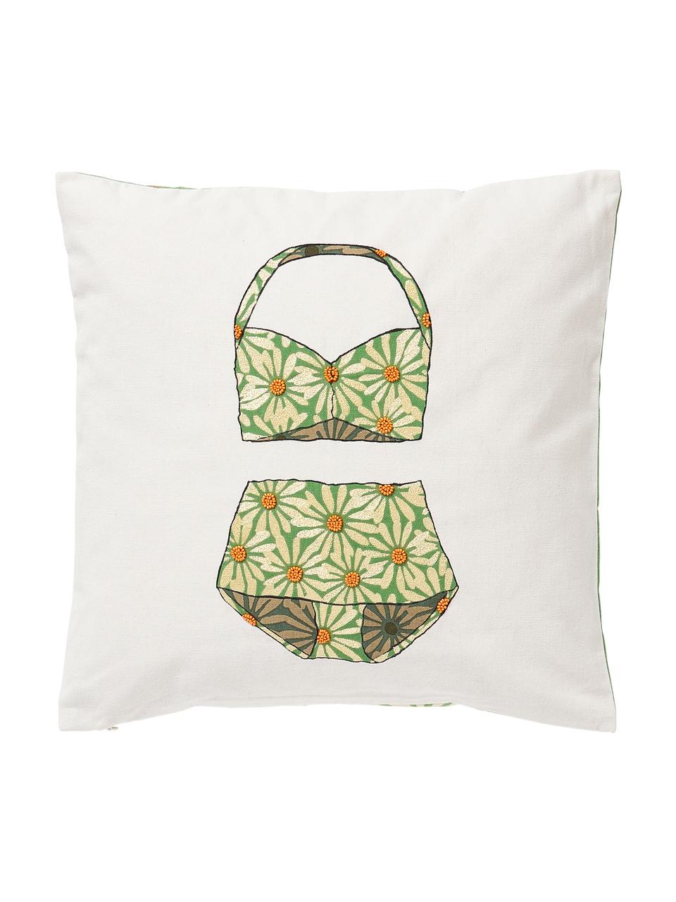 Housse de coussin 45x45 réversible brodée Maren, 100 % coton, Blanc, vert, orange, larg. 45 x long. 45 cm
