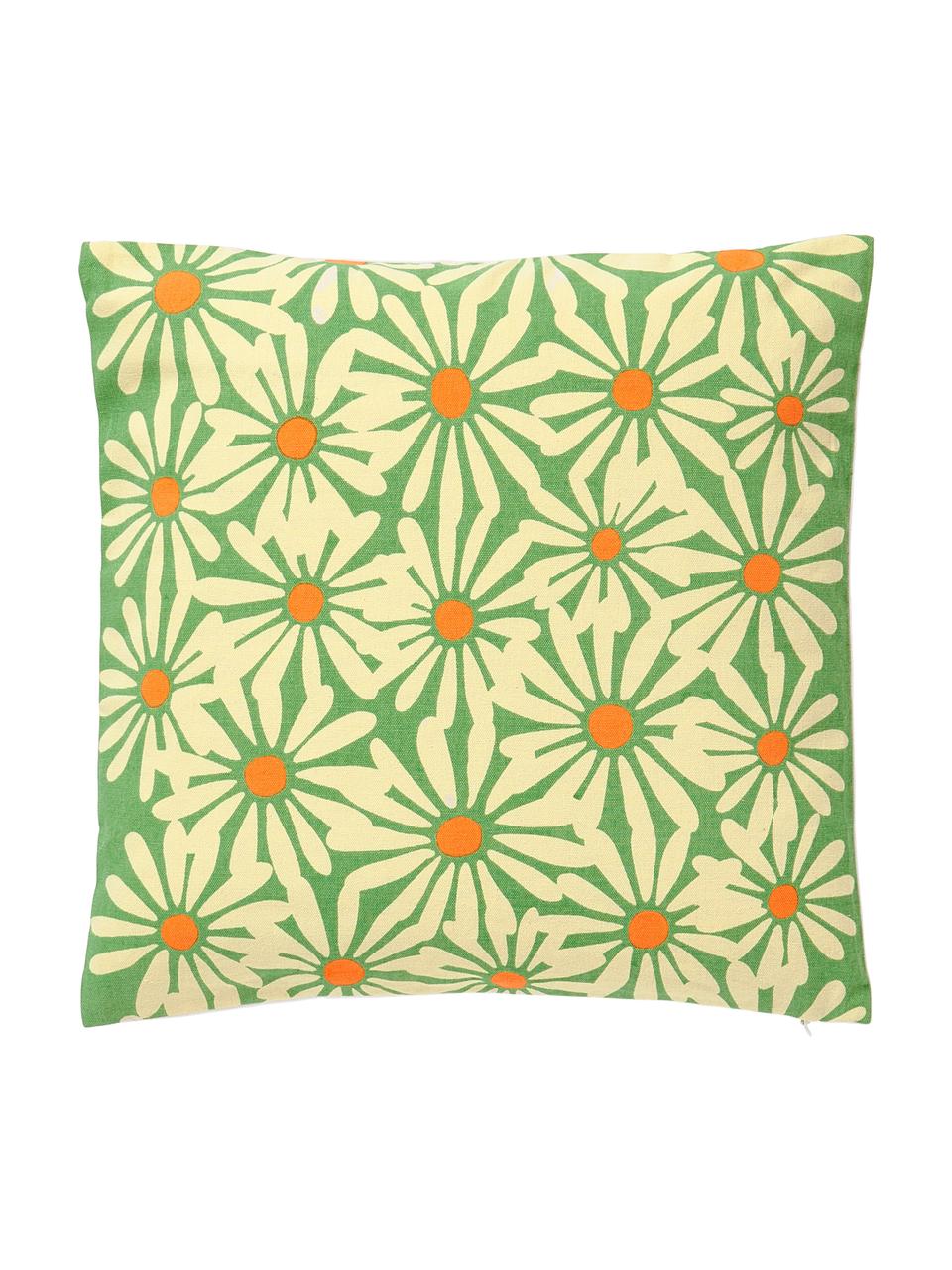 Housse de coussin 45x45 réversible brodée Maren, 100 % coton, Blanc, vert, orange, larg. 45 x long. 45 cm