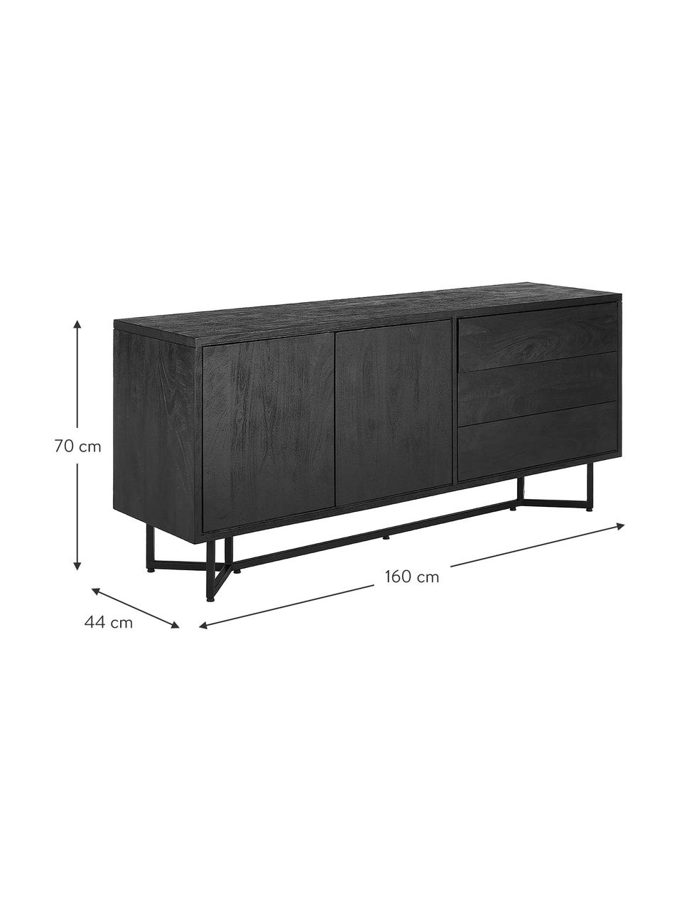 Zwart dressoir Luca met deuren van massief hout, Frame: gepoedercoat metaal, Zwart, B 160 x H 70 cm