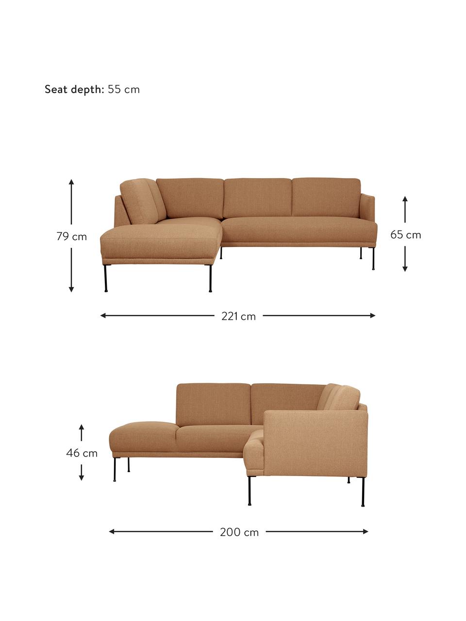 Canapé d'angle en tissu pieds en métal Fluente, Tissu nougat, larg. 221 x prof. 200 cm, méridienne à gauche