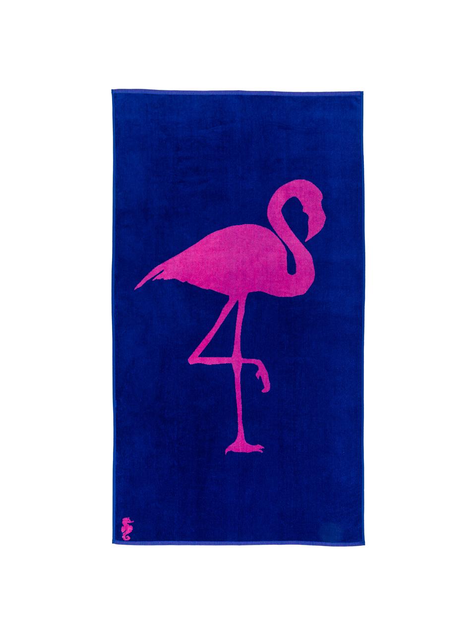 Ręcznik plażowy Flamingo, Kobaltowy, różowy, S 100 x D 180 cm