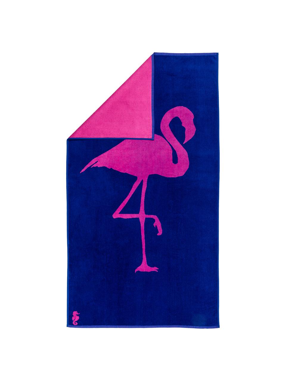 Toalla de playa Flamingo, Parte delantera: terciopelo (algodón), Reverso: afelpado (algodón), Azul cobalto, rosa, An 100 x L 180 cm