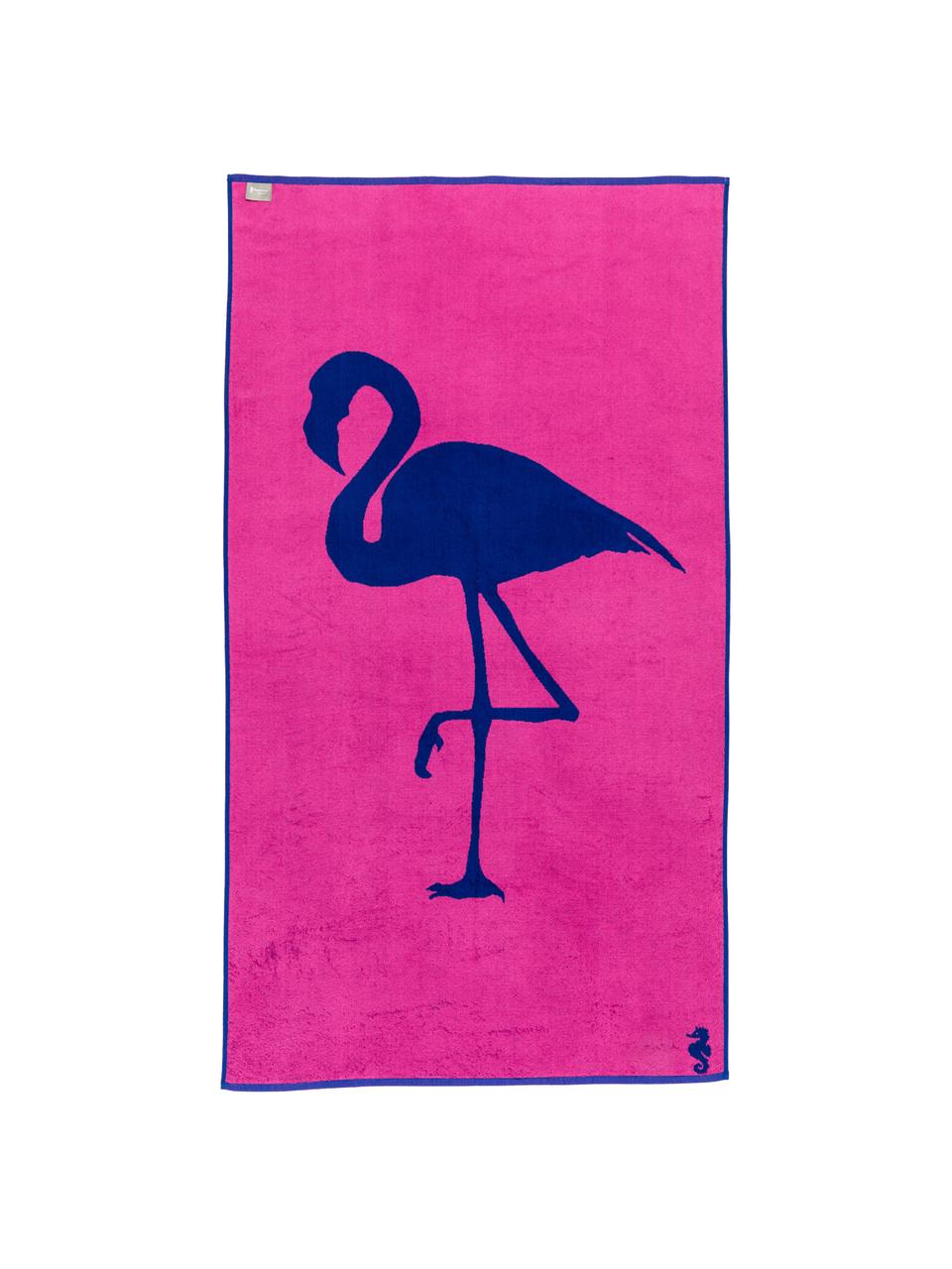 Ręcznik plażowy Flamingo, Kobaltowy, różowy, S 100 x D 180 cm