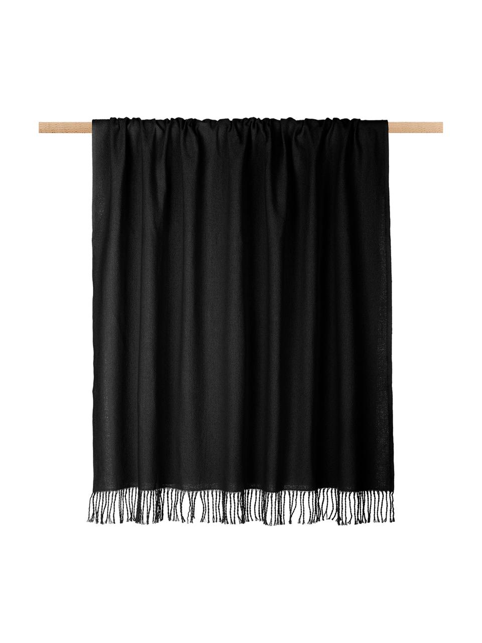 Plaid noir en coton à franges Madison, 100 % coton, Noir, larg. 140 x long. 170 cm