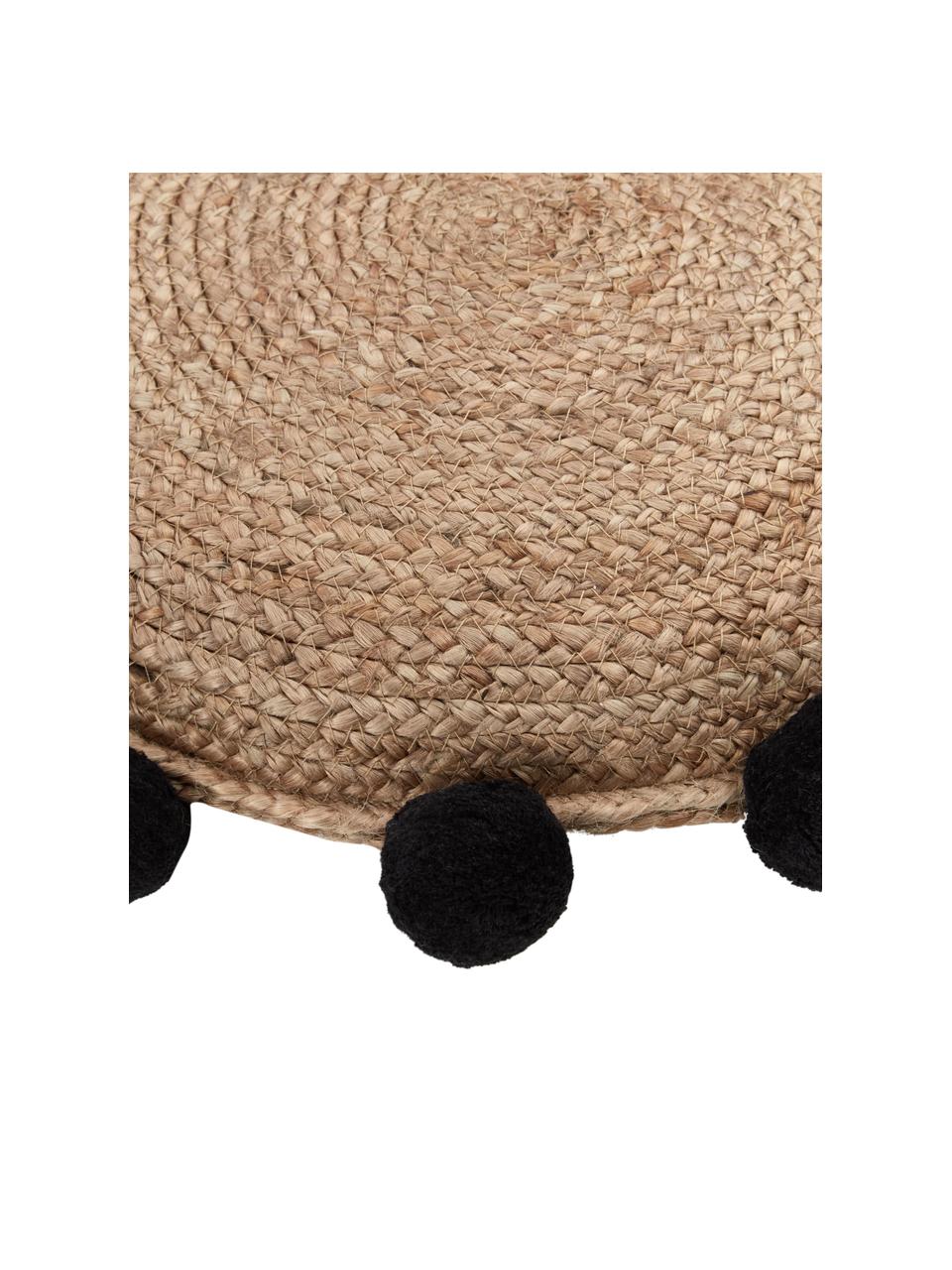 Jute decoratief kussen Fiko met pompoms, Bruin, zwart, Ø 40 cm