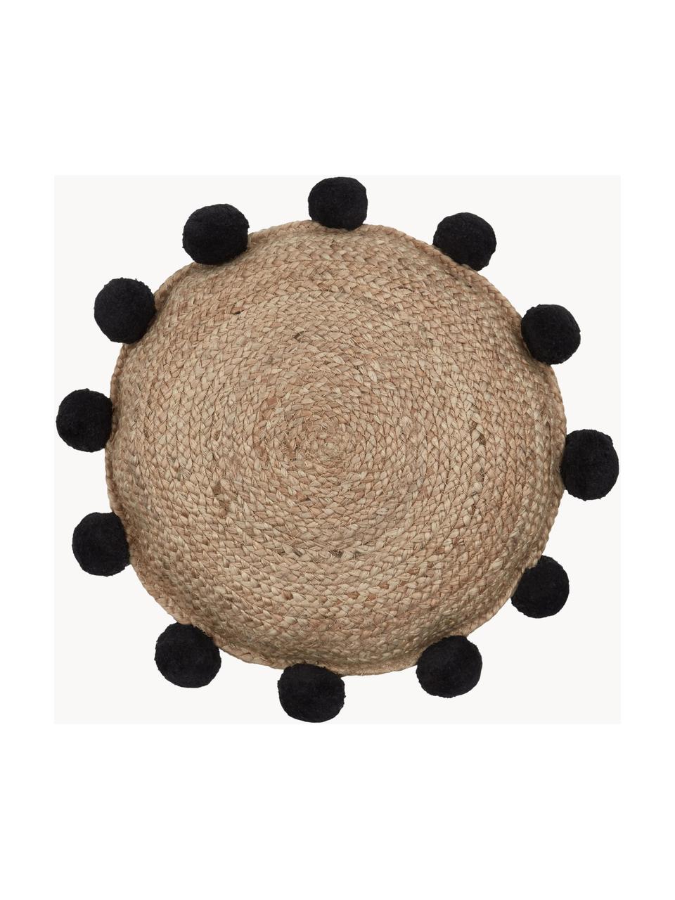 Cojín decorativo de yute con pompones Fiko, Marrón, negro, Ø 40 cm