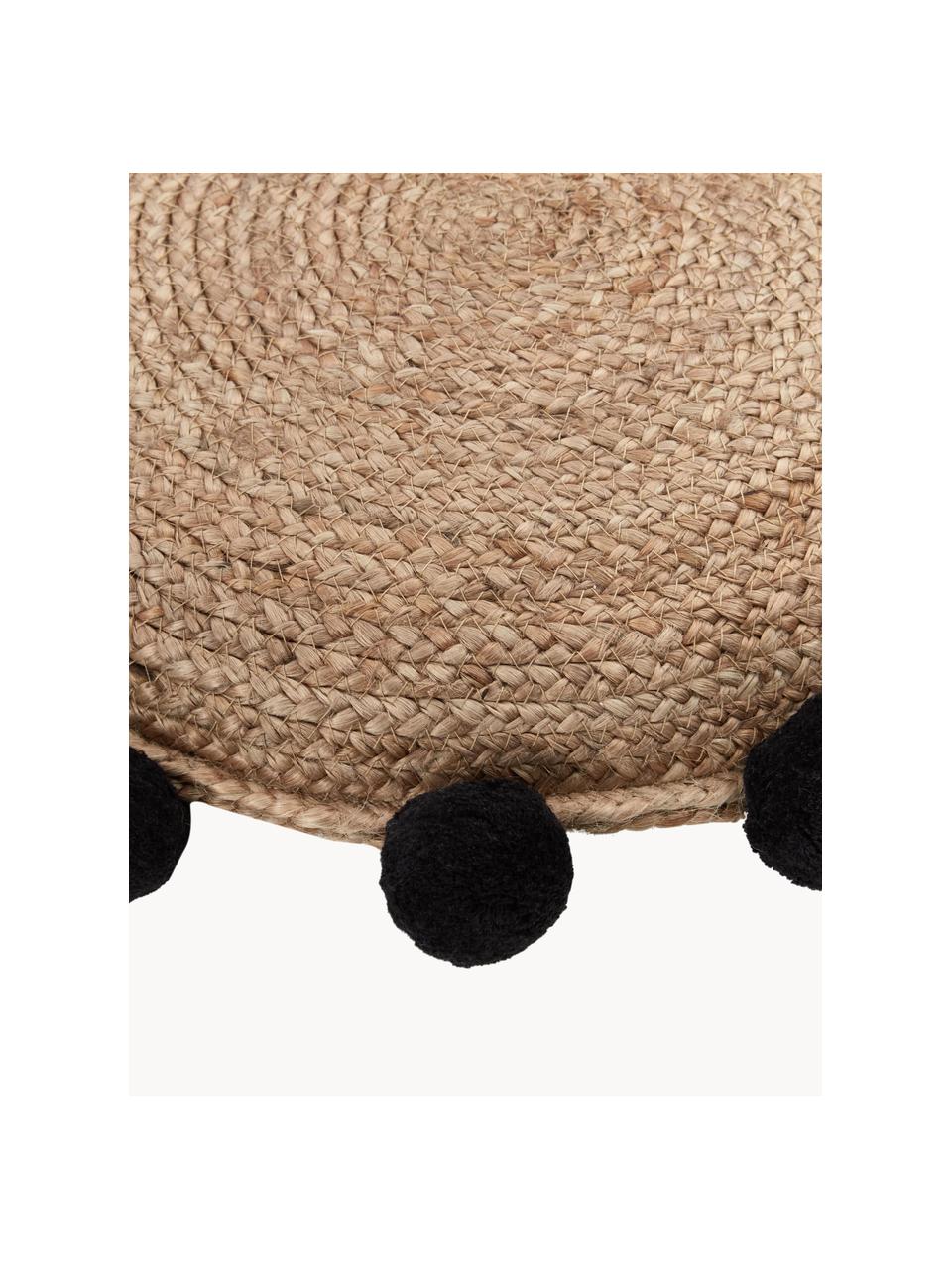 Jute decoratief kussen Fiko met pompoms, Bruin, zwart, Ø 40 cm