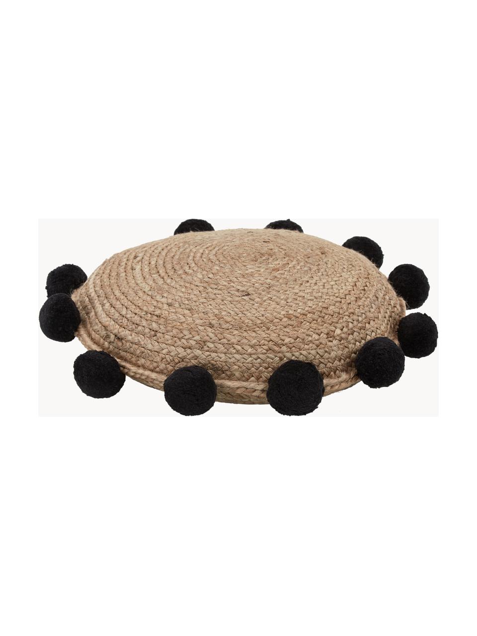 Cojín decorativo de yute con pompones Fiko, Marrón, negro, Ø 40 cm