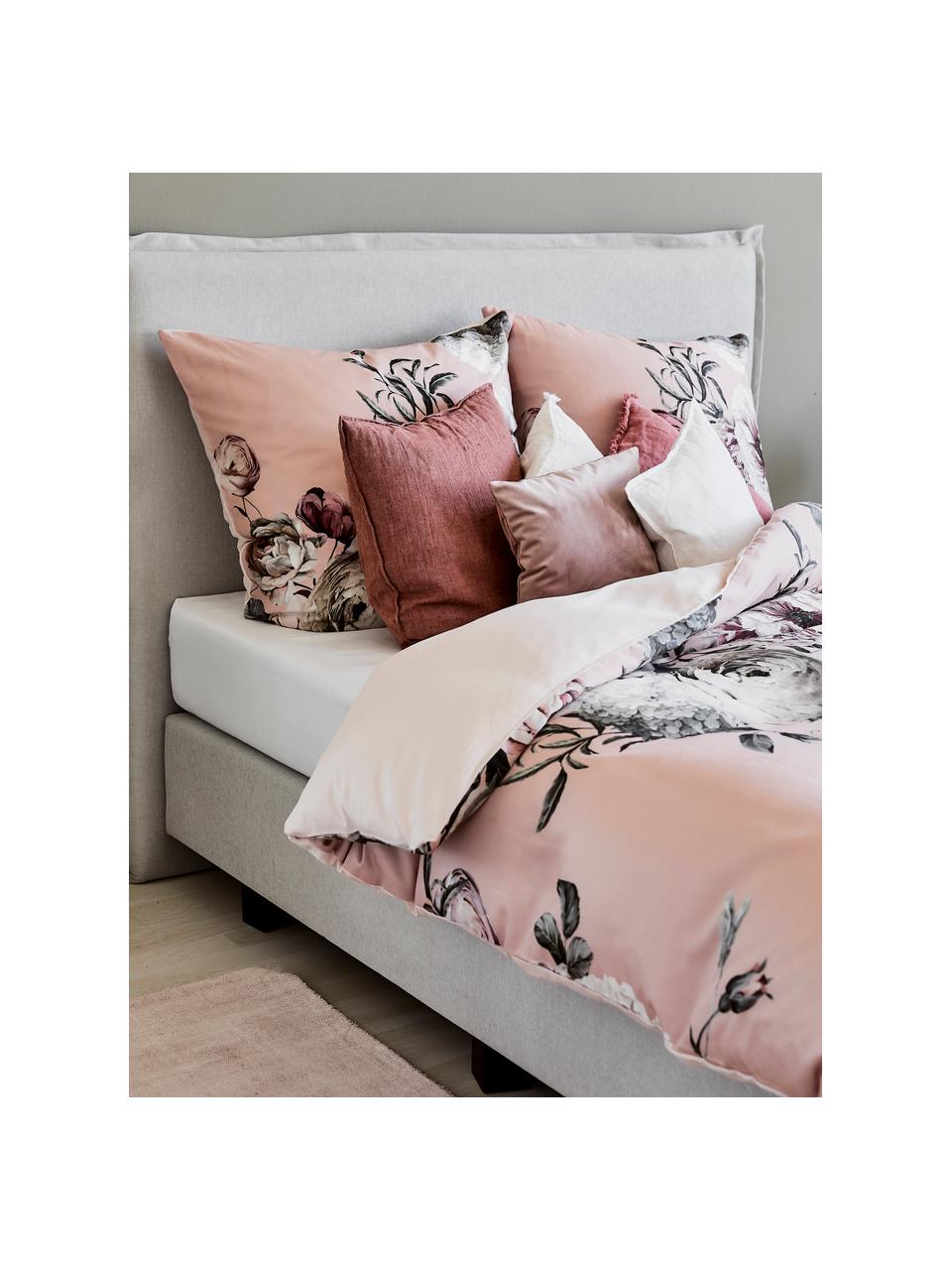 Pościel z satyny bawełnianej Blossom, Blady różowy, odcienie beżowego, 135 x 200 cm + 1 poduszka 80 x 80 cm