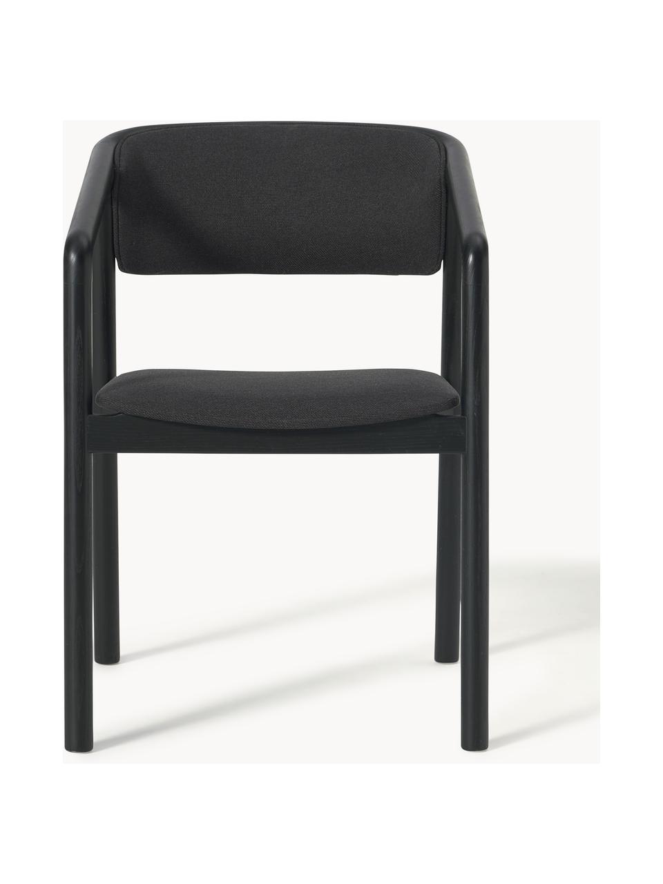 Chaise à accoudoirs avec assise rembourrée Gali, Noir, bois de frêne noir laqué, larg. 56 x prof. 55 cm