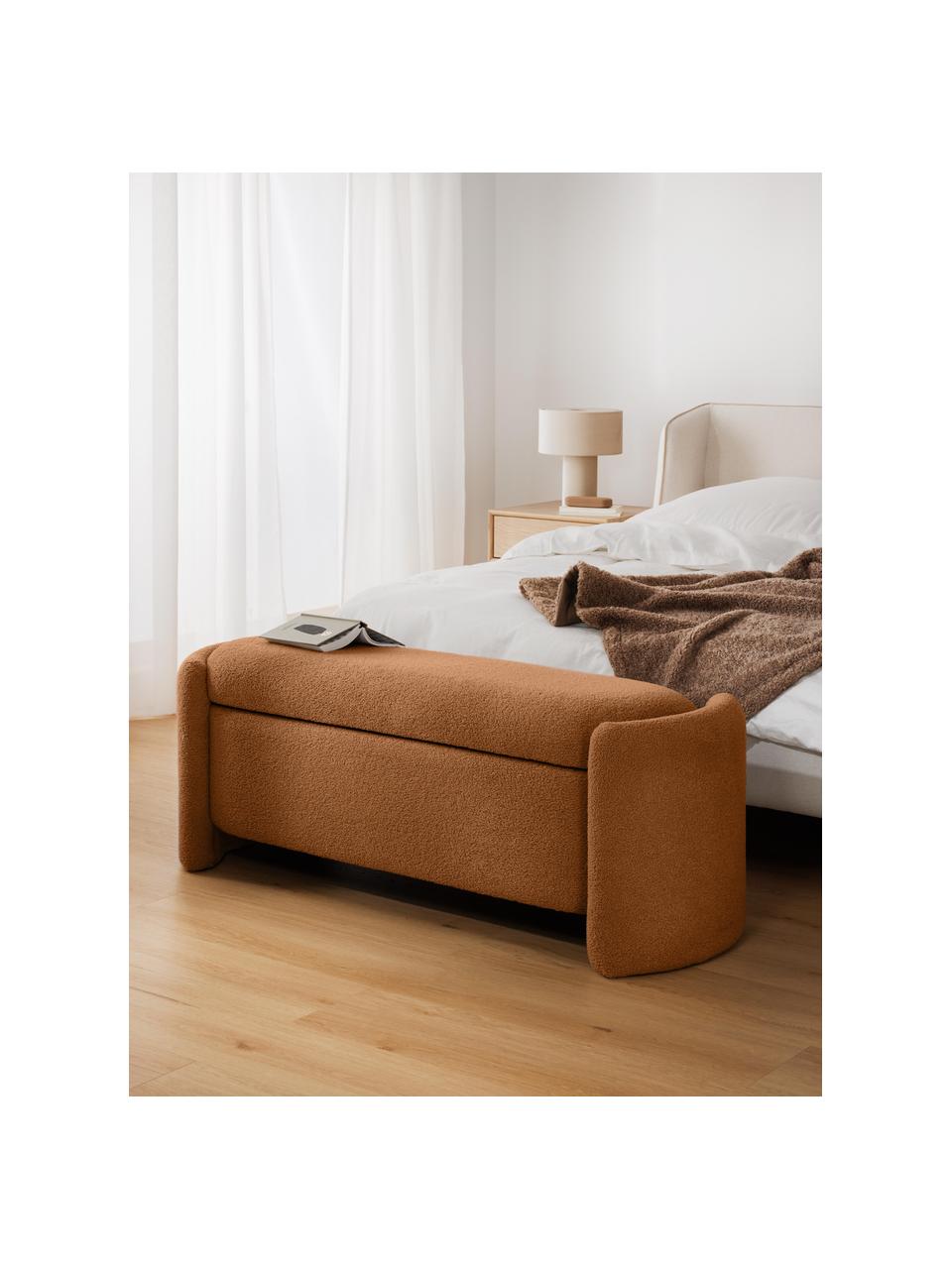 Banc en bouclette avec rangement Benji, Peluche brun, larg. 140 x haut. 48 cm