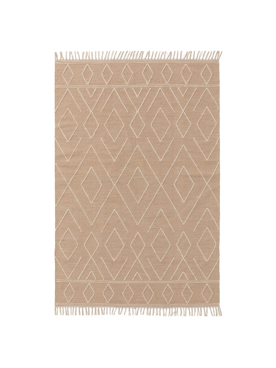 Handgewebter Boho-Teppich Sydney mit Fransen, 60% Baumwolle, 40% Wolle, Beige, Creme, B 120 x L 170 cm (Größe S)