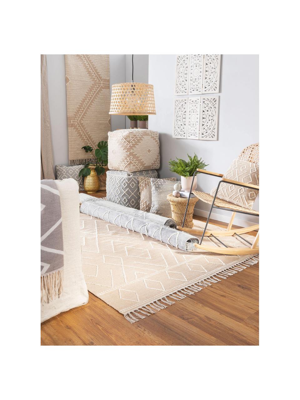 Handgewebter Boho-Teppich Sydney mit Fransen, 60% Baumwolle, 40% Wolle, Beige, Creme, B 120 x L 170 cm (Größe S)