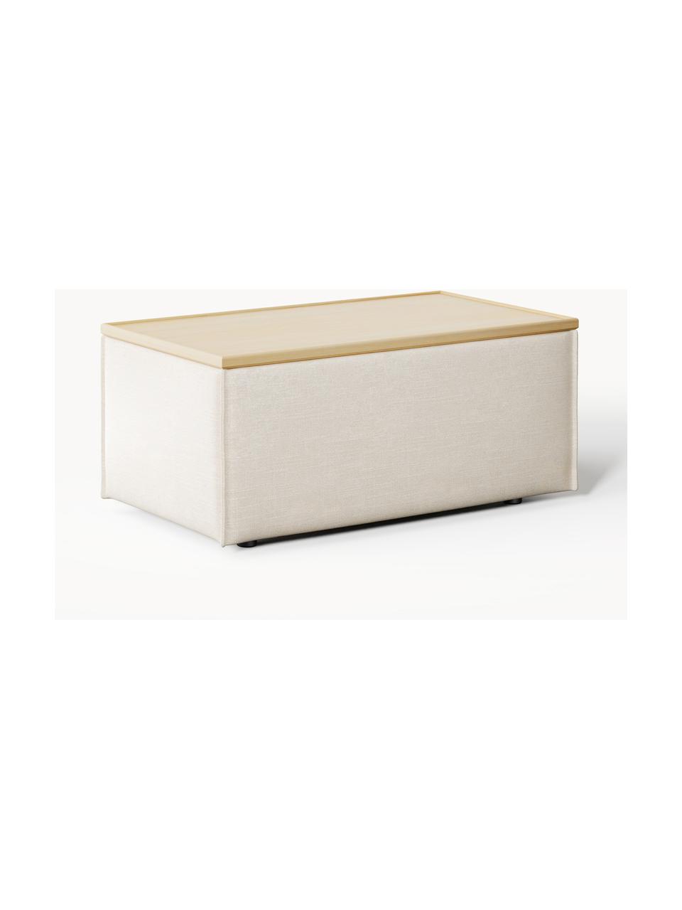 Sofa-Hocker Lennon aus Leinen-Mix mit Stauraum, Bezug: 50 % Viskose, 25 % Leinen, Tablett: Eichenholz, Spannplatte m, Gestell: Spanplatte, mitteldichte , Leinen-Mix Beige, helles Eichenholz, B 88 x T 50 cm