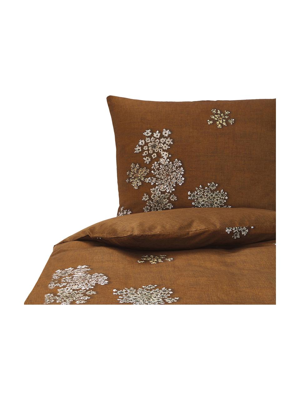 Baumwollsatin-Bettwäsche Lauren mit Blüten-Muster, Webart: Satin Baumwollsatin wird , Zimtbraun, 200 x 200 cm + 2 Kissen 80 x 80 cm