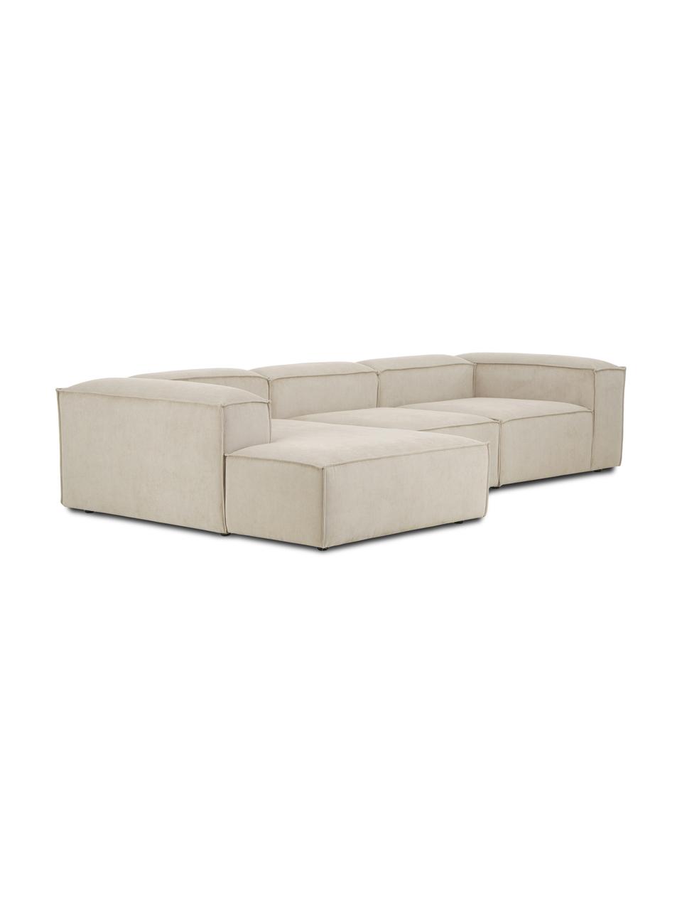 Sofá rinconera modular de pana Lennon, Tapizado: pana (92% poliéster, 8% p, Estructura: madera de pino maciza, ma, Patas: plástico, Pana beige, An 327 x F 180 cm, chaise longue izquierda