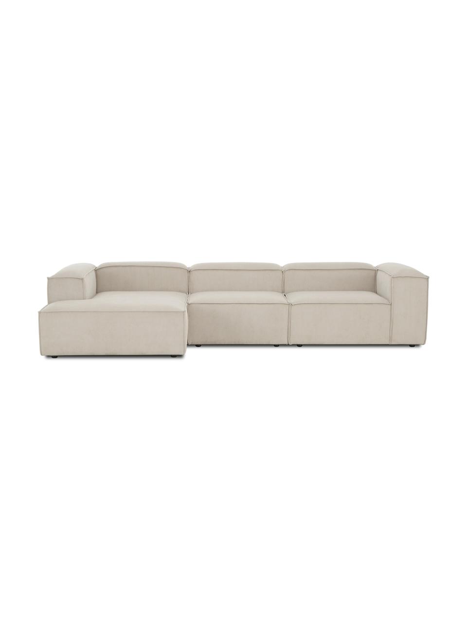 Sofá rinconera modular de pana Lennon, Tapizado: pana (92% poliéster, 8% p, Estructura: madera de pino maciza, ma, Patas: plástico, Pana beige, An 327 x F 180 cm, chaise longue izquierda