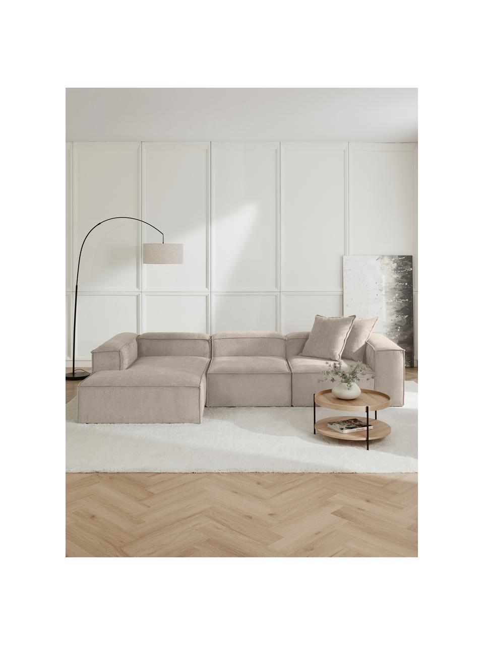 Sofá rinconera modular de pana Lennon, Tapizado: pana (92% poliéster, 8% p, Estructura: madera de pino maciza, ma, Patas: plástico, Pana beige, An 327 x F 180 cm, chaise longue izquierda