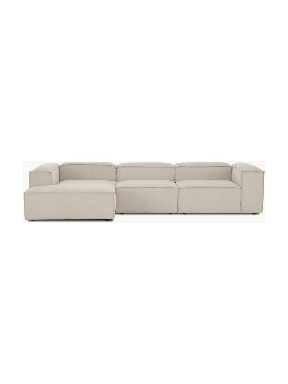 Sofá rinconera modular de pana Lennon, Tapizado: pana (92% poliéster, 8% p, Estructura: madera de pino maciza, ma, Patas: plástico, Pana beige claro, An 327 x F 180 cm, chaise longue izquierda