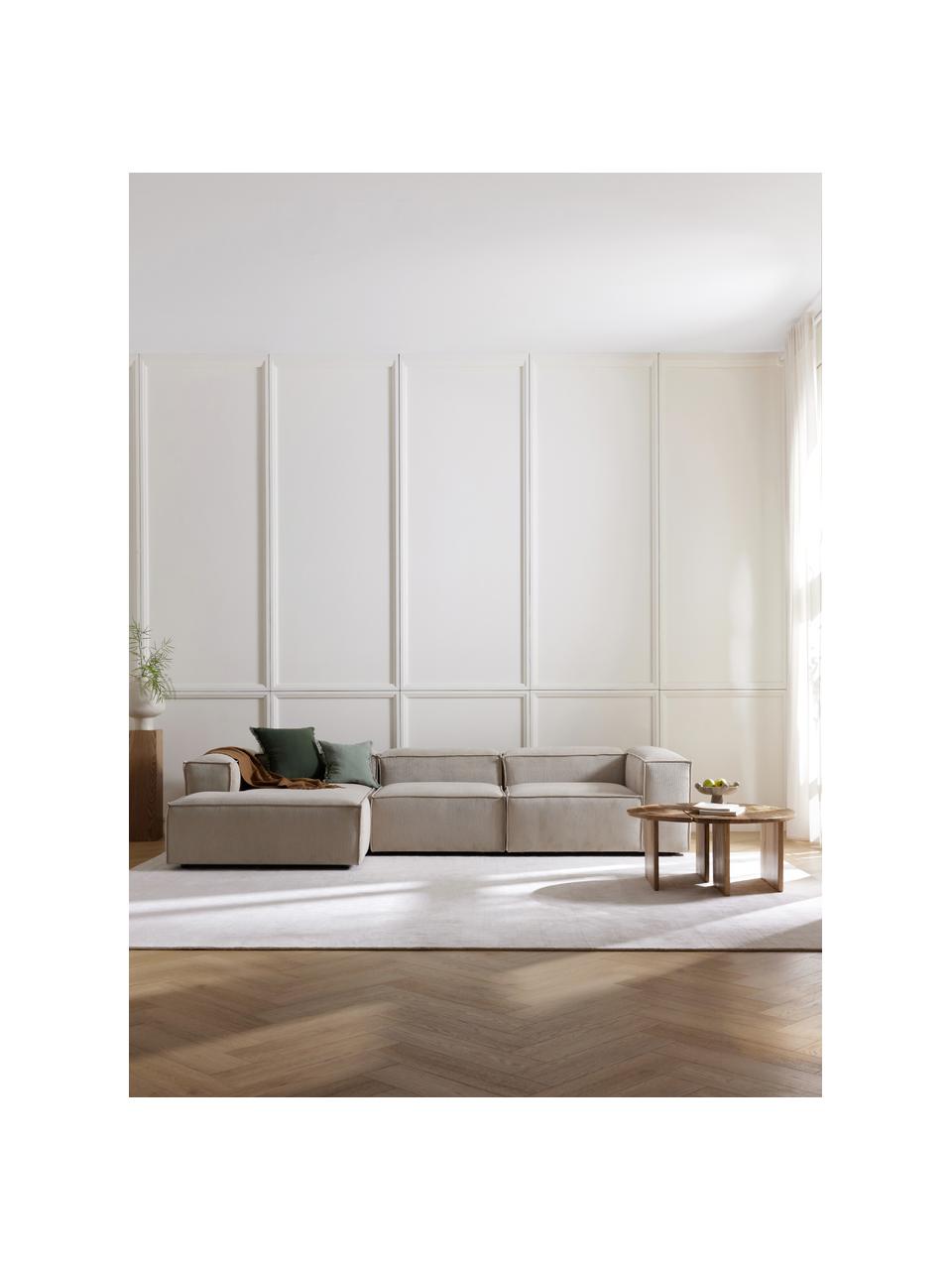 Modulares Ecksofa Lennon aus Cord, Bezug: Cord (92 % Polyester, 8 %, Gestell: Massives Kiefernholz, Spe, Füße: Kunststoffx Dieses Produk, Cord Hellbeige, B 327 x T 180 cm, Eckteil links