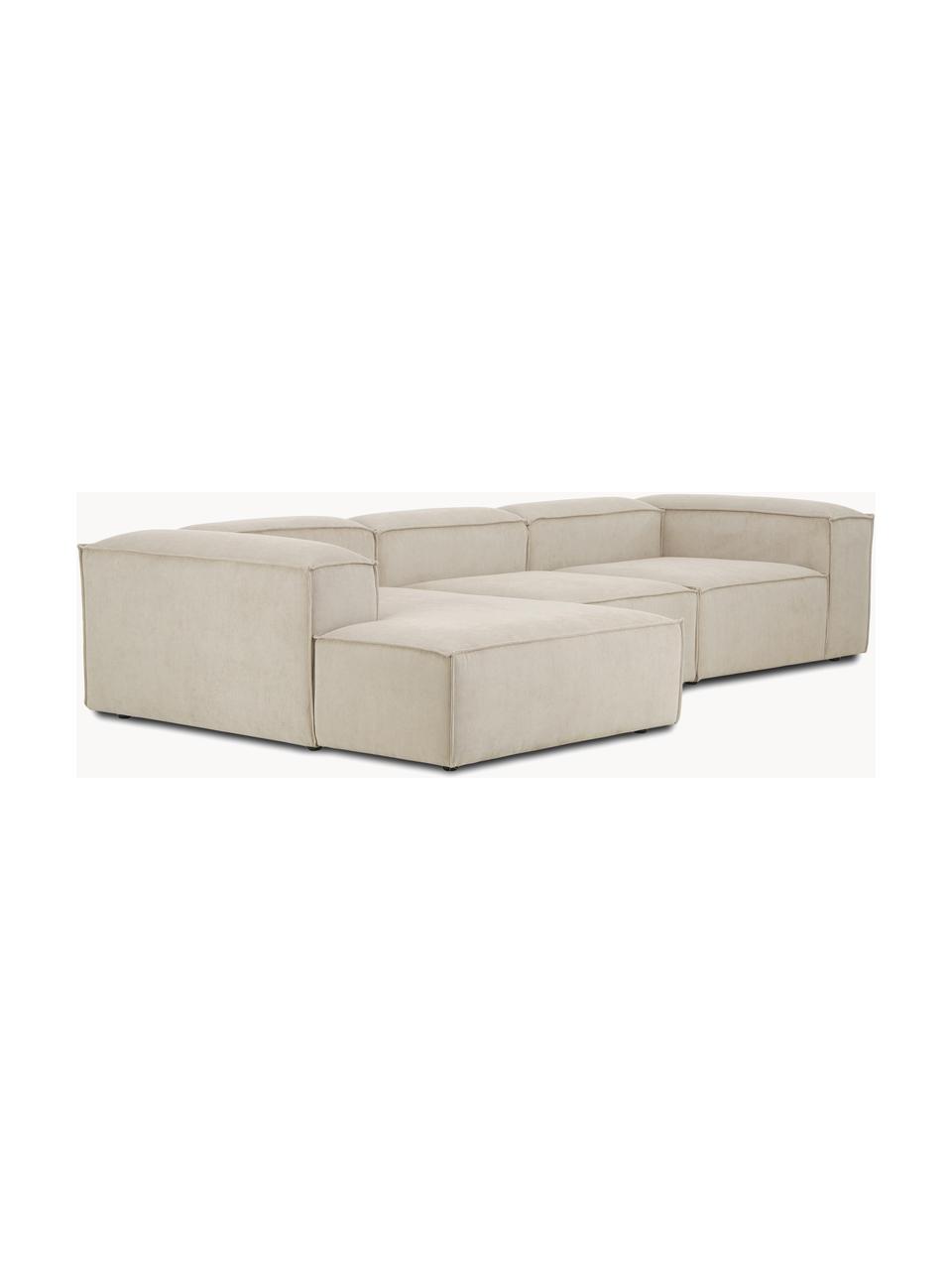 Sofá rinconera modular de pana Lennon, Tapizado: pana (92% poliéster, 8% p, Estructura: madera de pino maciza, ma, Patas: plástico Este producto es, Pana beige claro, An 327 x F 180 cm, chaise longue izquierda