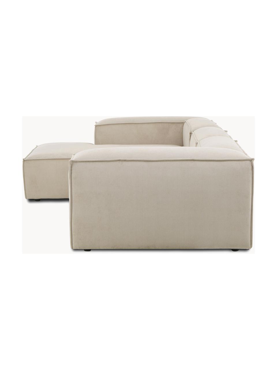 Sofá rinconera modular de pana Lennon, Tapizado: pana (92% poliéster, 8% p, Estructura: madera de pino maciza, ma, Patas: plástico Este producto es, Pana beige claro, An 327 x F 180 cm, chaise longue izquierda