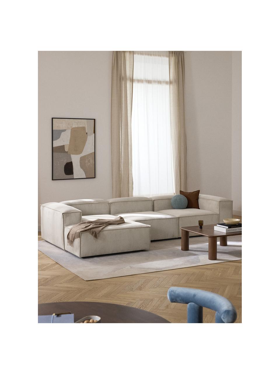 Canapé d'angle modulable en velours côtelé Lennon, Velours côtelé beige clair, larg. 327 x prof. 180 cm, méridienne à gauche