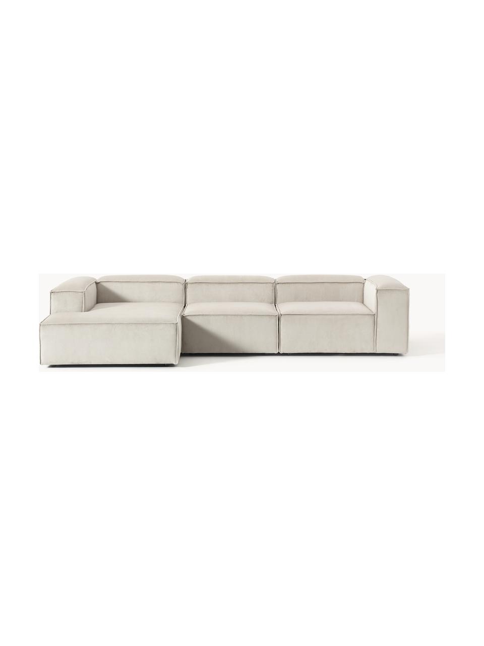 Modulares Ecksofa Lennon aus Cord, Bezug: Cord (92 % Polyester, 8 %, Gestell: Massives Kiefernholz, Spe, Füße: Kunststoffx Dieses Produk, Cord Hellbeige, B 327 x T 180 cm, Eckteil links