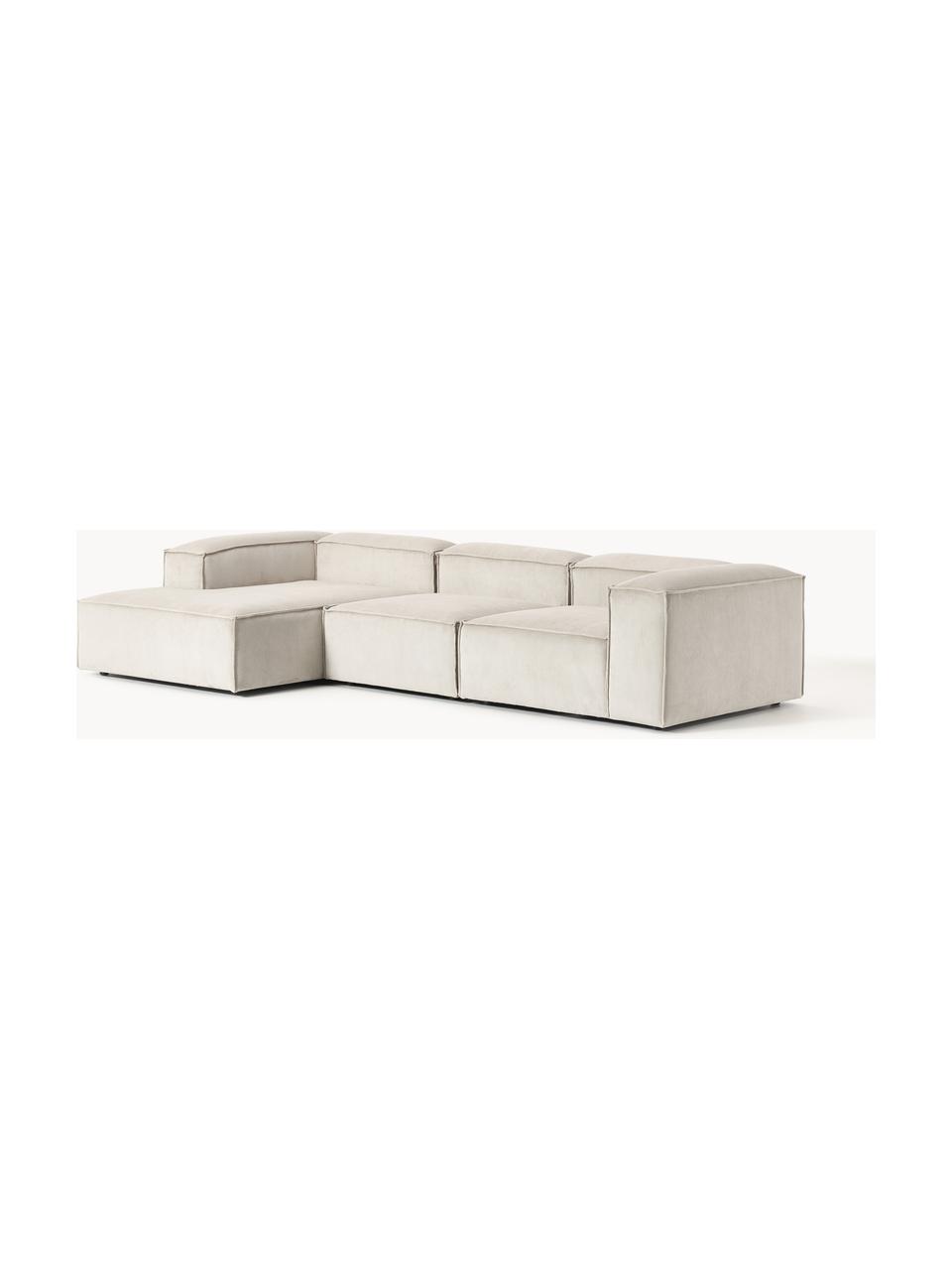 Modulares Ecksofa Lennon aus Cord, Bezug: Cord (92 % Polyester, 8 %, Gestell: Massives Kiefernholz, Spe, Füße: Kunststoffx Dieses Produk, Cord Hellbeige, B 327 x T 180 cm, Eckteil links