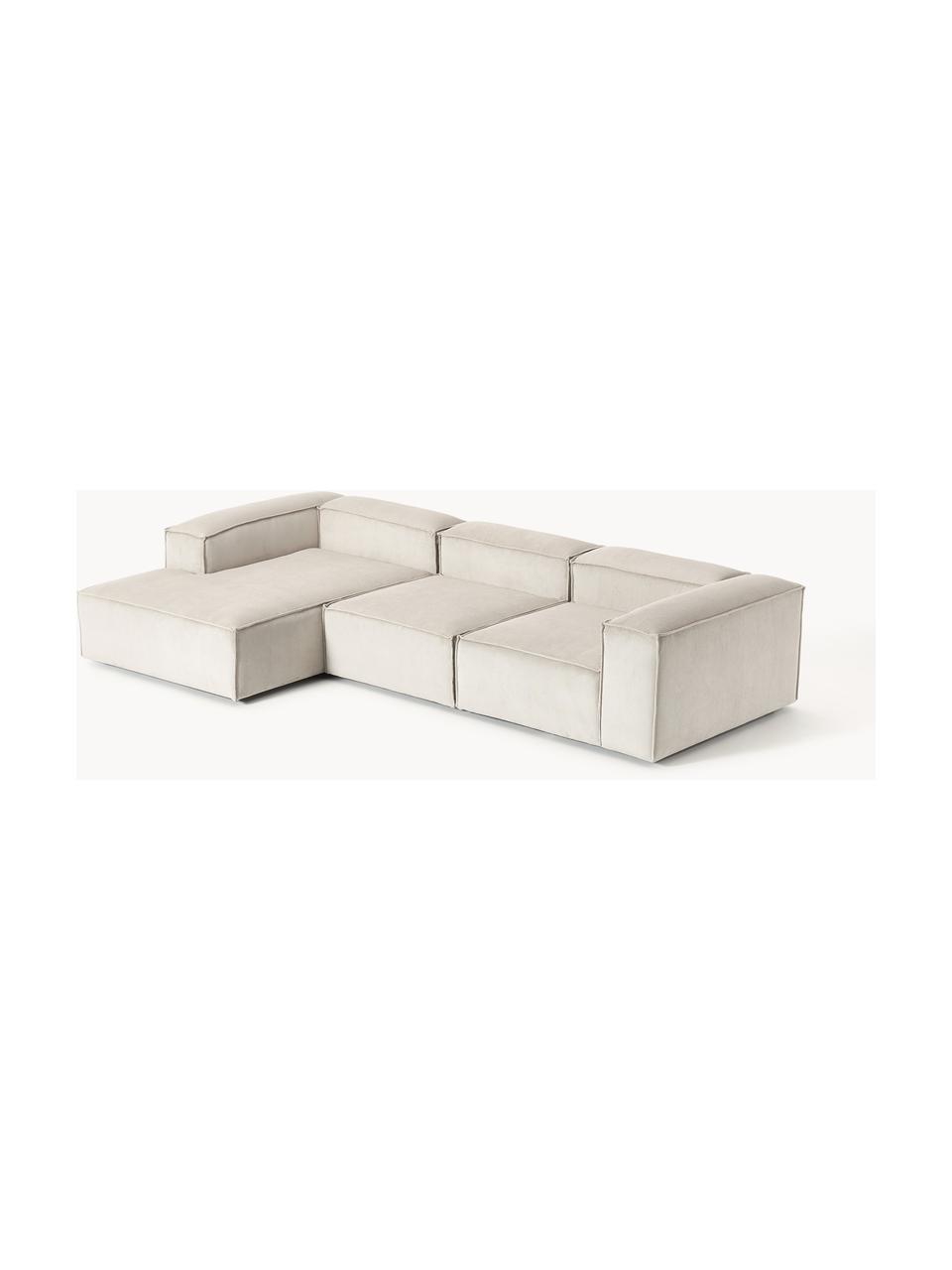 Modulares Ecksofa Lennon aus Cord, Bezug: Cord (92 % Polyester, 8 %, Gestell: Massives Kiefernholz, Spe, Füße: Kunststoffx Dieses Produk, Cord Hellbeige, B 327 x T 180 cm, Eckteil links