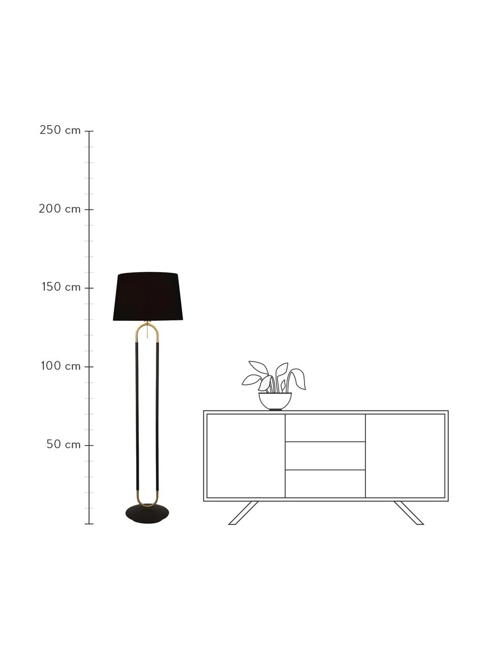 Stojací lampa se sametovým stínidlem Satina, Černá, zlatá, Ø 45 cm, V 161 cm