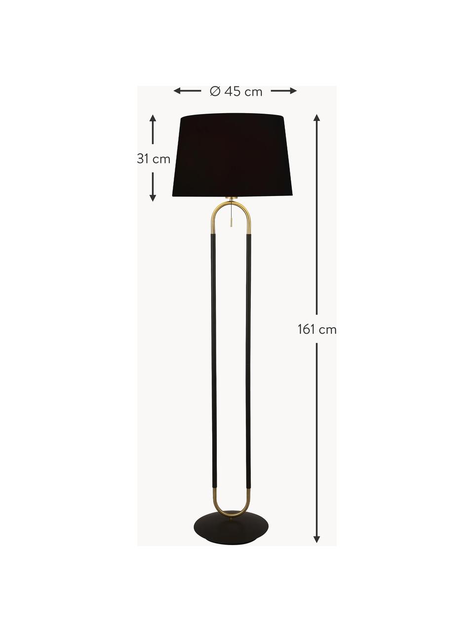 Stojací lampa se sametovým stínidlem Satina, Černá, zlatá, V 161 cm