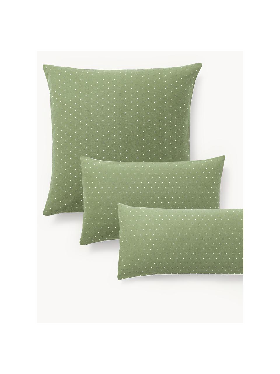 Funda de almohada doble cara de franela a lunares Betty, Verde oliva, blanco, An 50 x L 70 cm