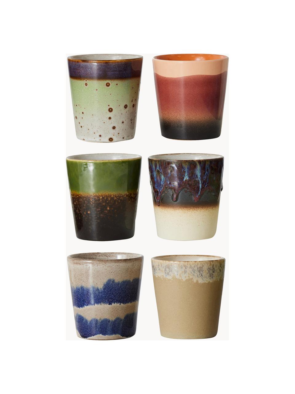Handbeschilderde keramische bekers 70's met reactief glazuur, set van 6, Keramiek, Design 1, Ø 8 x H 8 cm, 180 ml