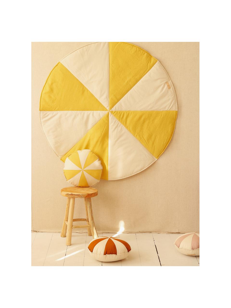 Coussin patchwork en lin Circus, Blanc crème, jaune, Ø 39 x haut. 10 cm