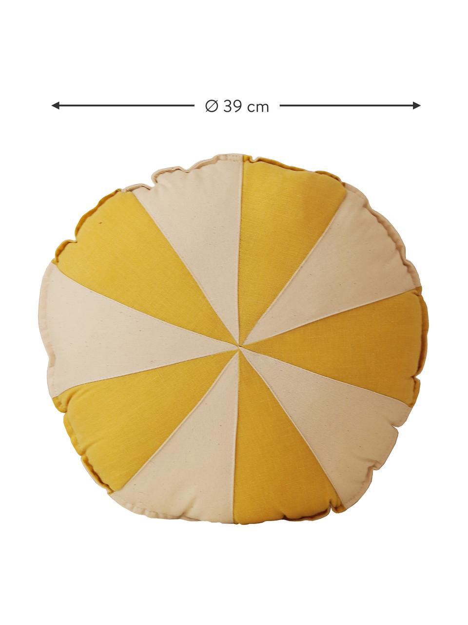 Patchworkový lněný polštář Circus, Krémově bílá, žlutá, Ø 39 cm, V 10 cm