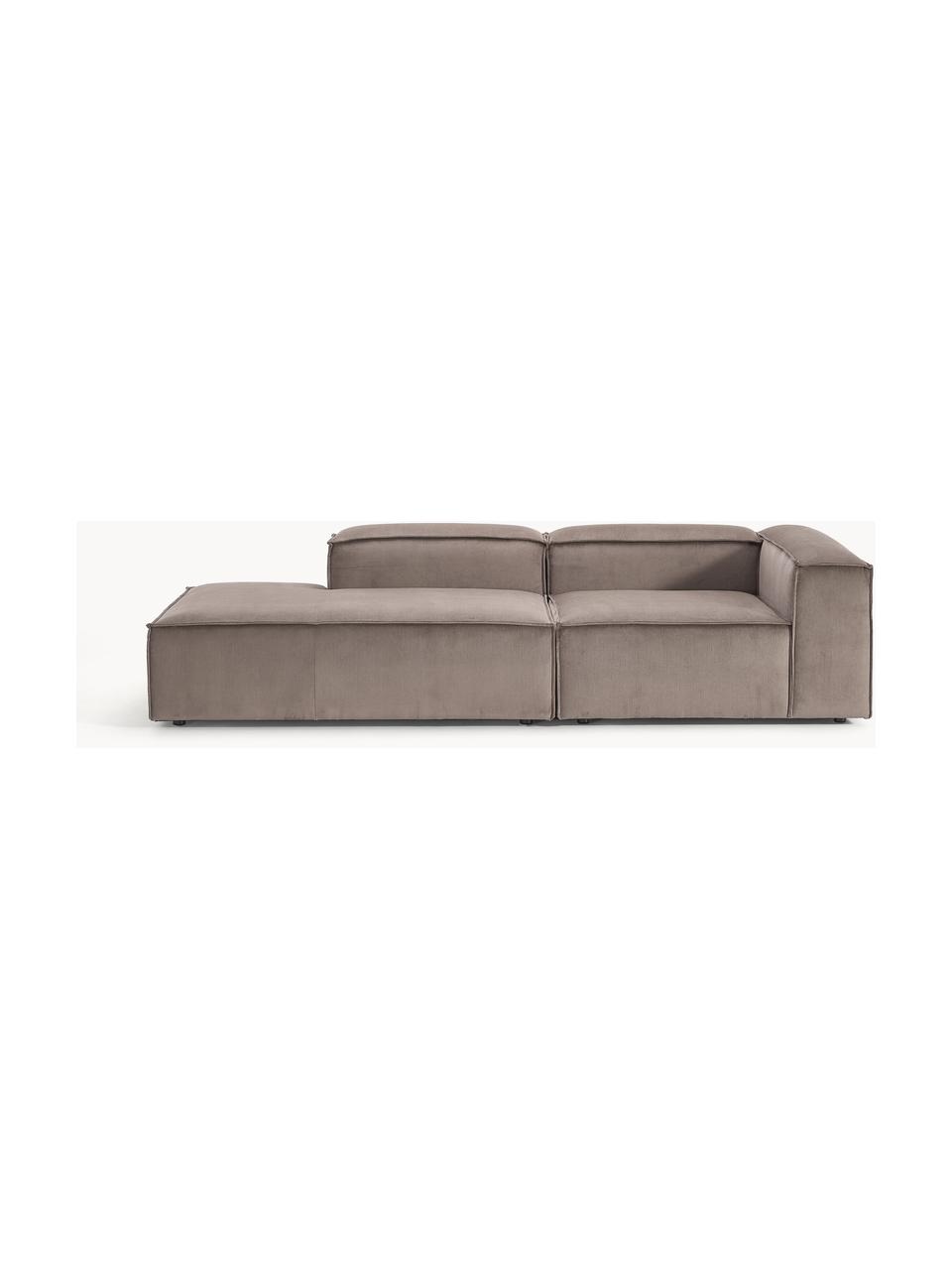 Chaise longue componibile in velluto a coste Lennon, Rivestimento: velluto a coste (92% poli, Rivestimento: schiuma con nucleo di mol, Struttura: legno di pino massiccio, , Piedini: plastica Questo prodotto , Velluto a coste taupe, Larg. 269 x Prof. 119 cm, schienale a sinistra