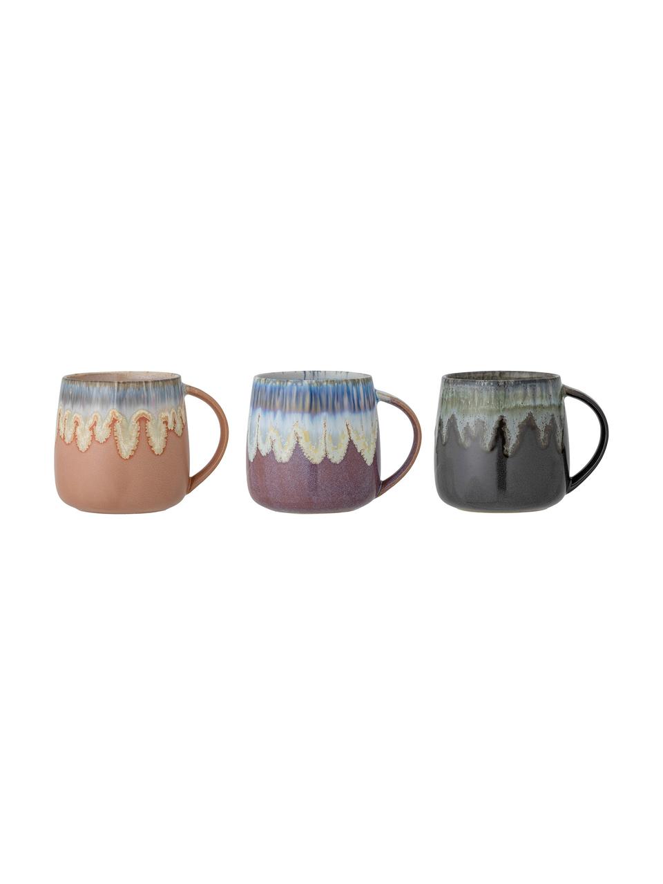 Set 3 tazze fatte a mano con smalto reattivo Cloe, Gres, Multicolore, Ø 10 x Alt. 10 cm, 380 ml