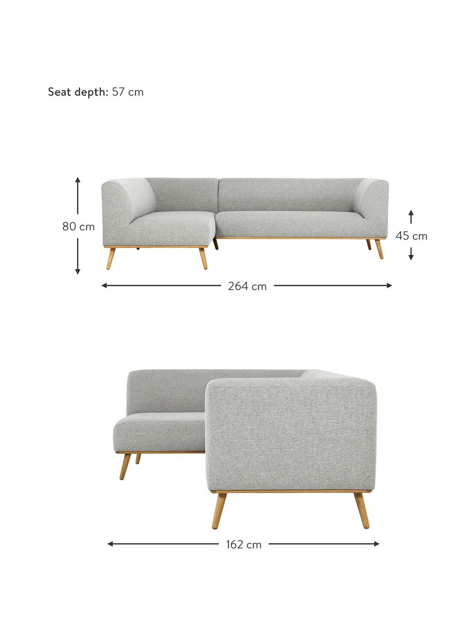 Hoekbank Archie met eikenhouten poten, Bekleding: 100% wol, Frame: grenenhout, FSC-gecertifi, Poten: massief eikenhout, FSC-ge, Geweven stof lichtgrijs, B 264 x D 162 cm, hoekdeel links