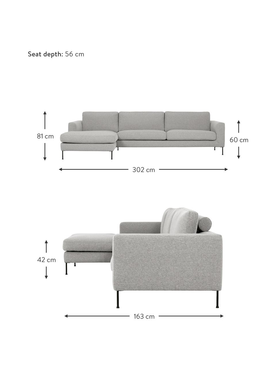 Canapé d'angle 4 places gris clair Cucita, Tissu gris, larg. 302 x prof. 163 cm, méridienne à gauche