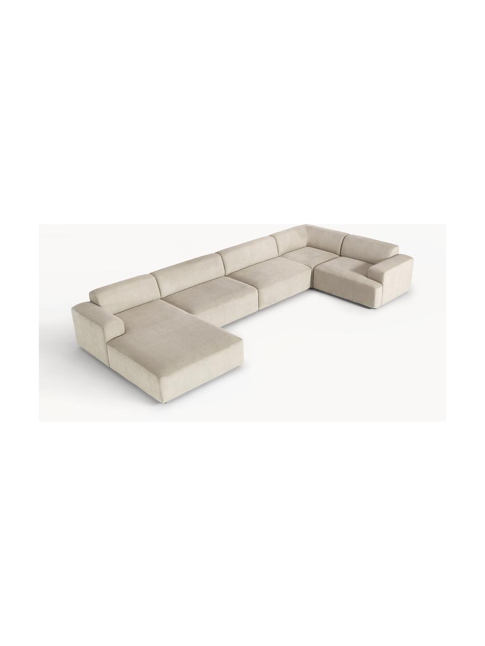 Divano angolare XL in velluto a coste Melva, Rivestimento: velluto a coste (92% poli, Struttura: legno massiccio di pino e, Piedini: plastica Questo prodotto , Velluto a coste beige chiaro, Larg. 458 x Prof. 220 cm, chaise-longue a sinistra