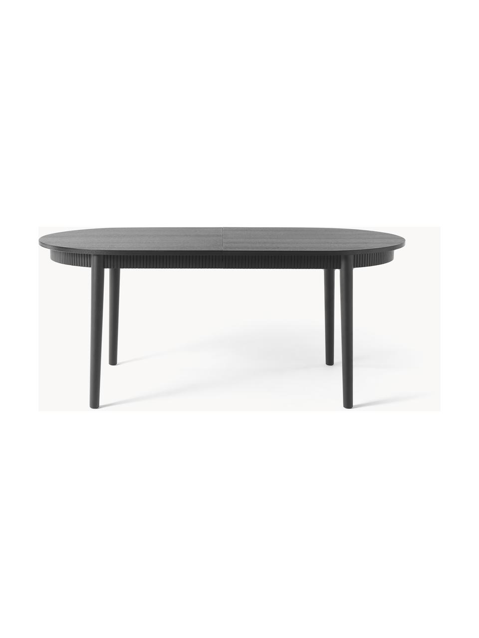 Uitschuifbare eettafel Calary, 180 - 230 x 92 cm, Tafelblad: spaanplaat, berkenmultipl, Poten: eikenhout Dit product is , Zwart gelakt eikenhout, B 180/230 x D 92 cm