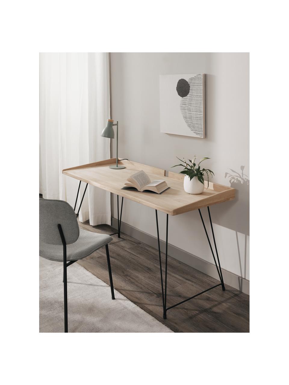Schreibtisch District im Industrial-Style, Tischplatte: Gummibaumholz, Beine: Stahl, lackiert, Braun, B 142 x T 61 cm