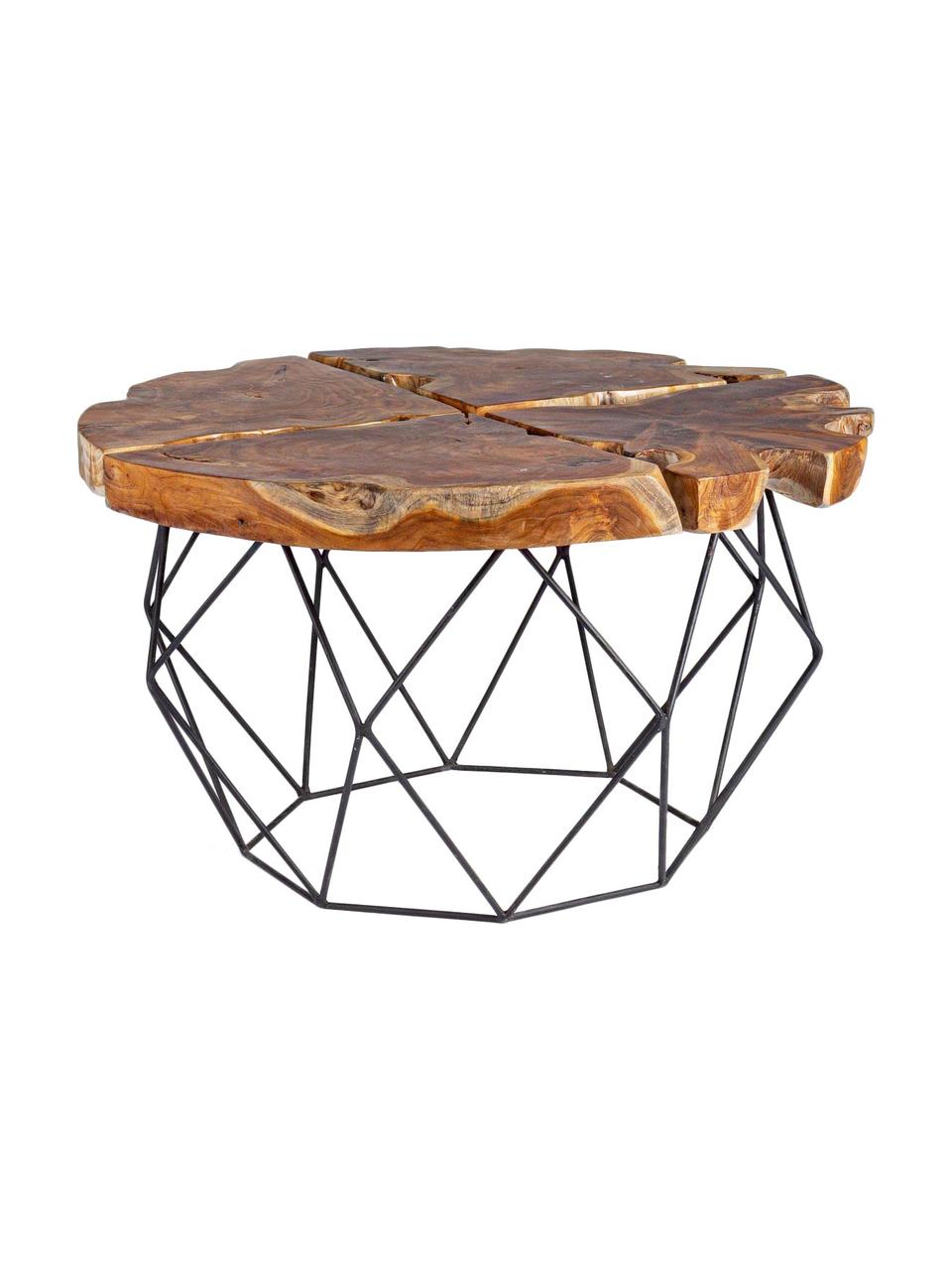 Mesa de centro de teca Adanya, Tablero: madera de teca, Estructura: acero con pintura en polv, Marrón, negro, Ø 80 x Al 40 cm
