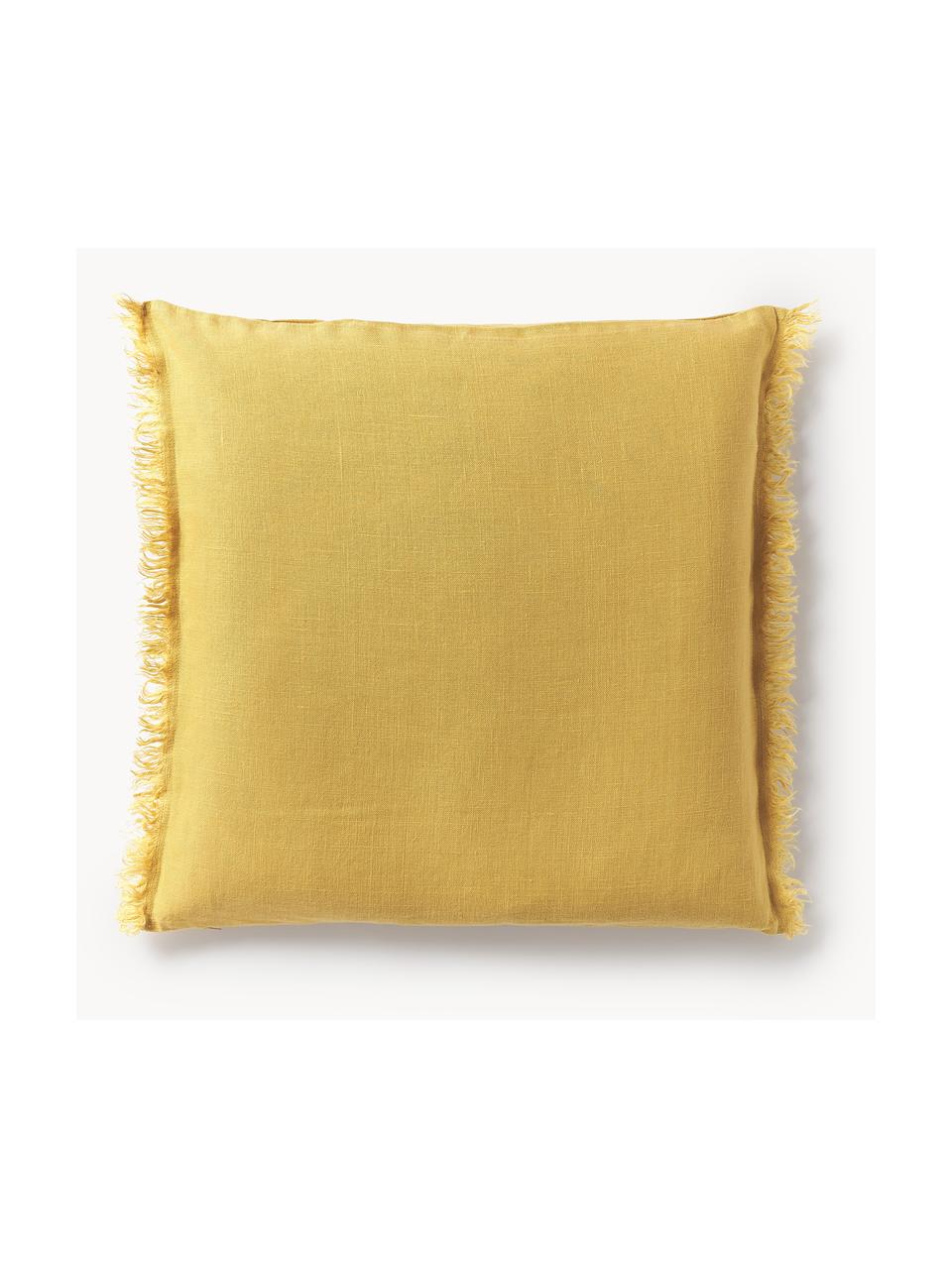 Funda de cojín de lino con flecos Luana, 100% lino

Por naturaleza, el lino tiene un tacto bastante aspero y un aspecto arrugado natural
La alta resistencia al desgarro hace que el lino sea muy resistente., Amarillo sol, An 40 x L 40 cm