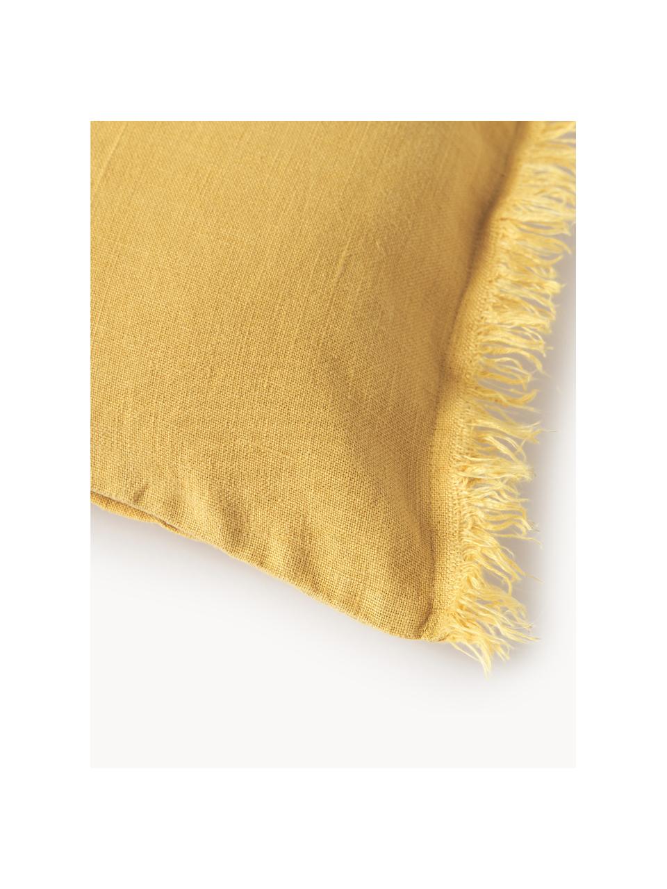 Funda de cojín de lino con flecos Luana, 100% lino

Por naturaleza, el lino tiene un tacto bastante aspero y un aspecto arrugado natural
La alta resistencia al desgarro hace que el lino sea muy resistente., Amarillo sol, An 40 x L 40 cm