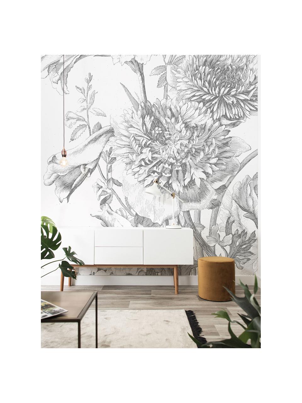 Adesivo murale Engraved Flowers, Tessuto non tessuto, ecologico e biodegradabile, Grigio e bianco, opaco, Larg. 389 x Alt. 280 cm