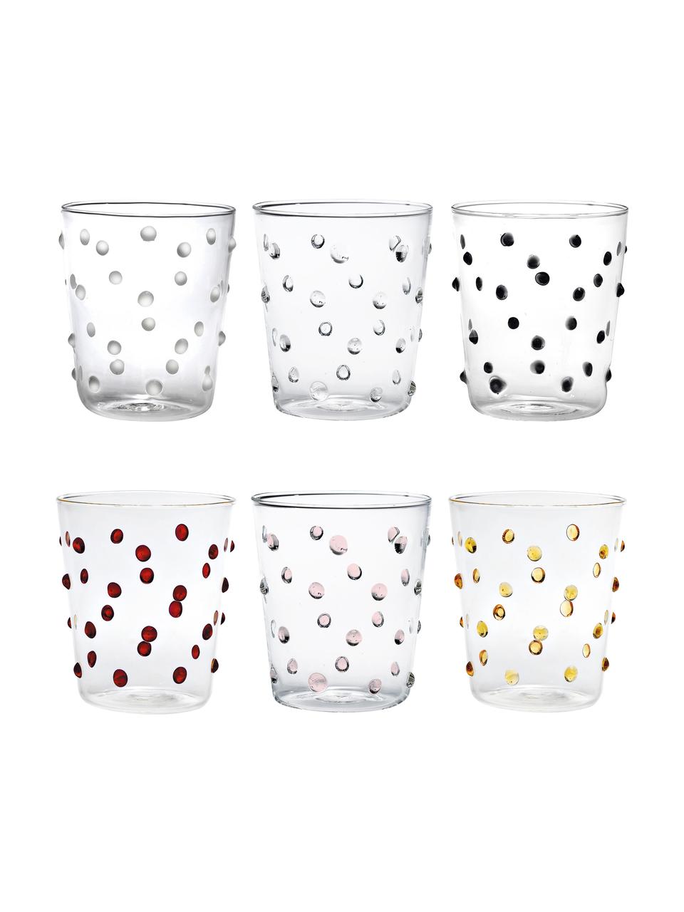 Vasos de lunares de vidrio soplado artesanamente Party, 6 uds., Vidrio de borosilicato, Transparente con lunares de colores, Ø 9 x Al 10 cm, 450 ml