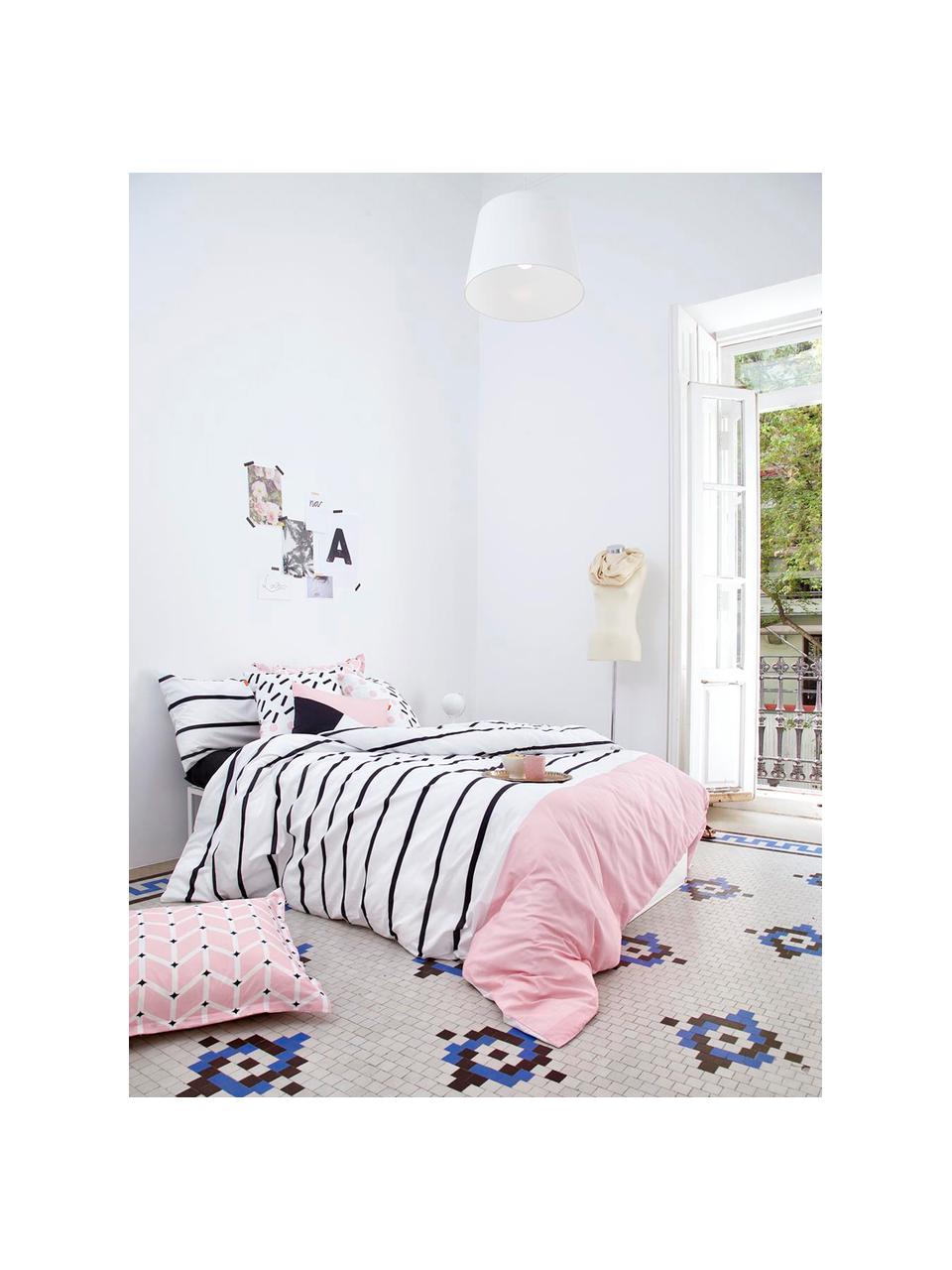 Gestreifte Baumwoll-Bettwäsche Blush mit rosa Kontrast, Webart: Renforcé Fadendichte 150 , Weiß, Rosa, Schwarz, 140 x 200 cm + 1 Kissen 80 x 80 cm