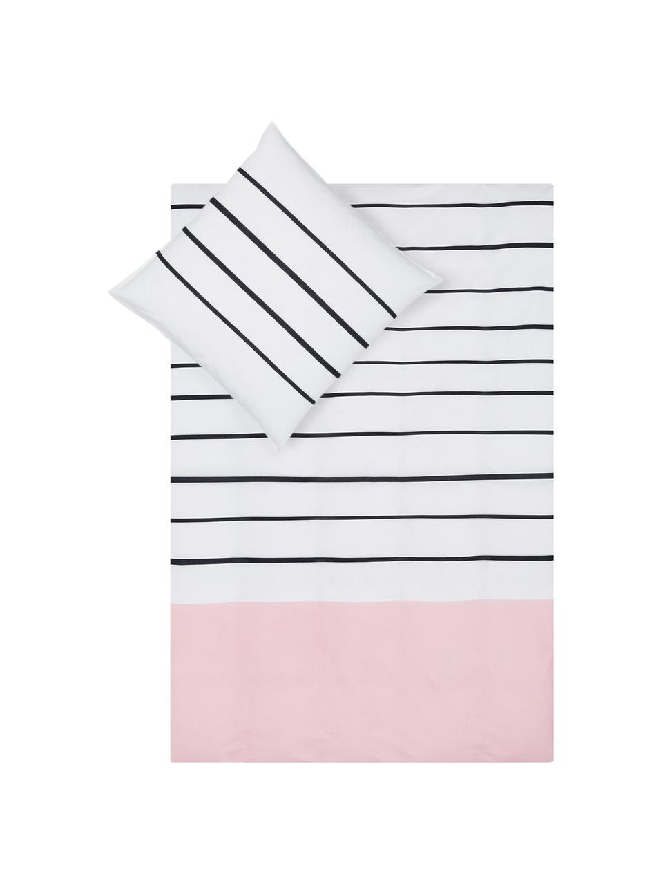 Gestreifte Baumwoll-Bettwäsche Blush mit rosa Kontrast, Webart: Renforcé Fadendichte 150 , Weiß, Rosa, Schwarz, 140 x 200 cm + 1 Kissen 80 x 80 cm